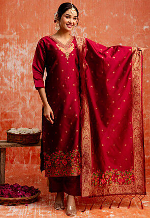 Woven Cotton Silk Jacquard Pakistani Suit in Maroon