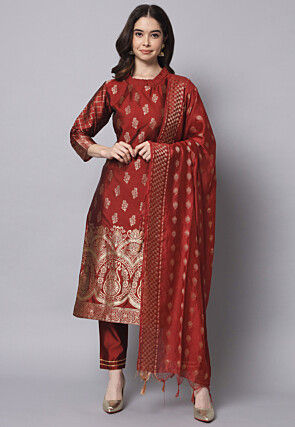 Woven Cotton Silk Jacquard Pakistani Suit in Maroon