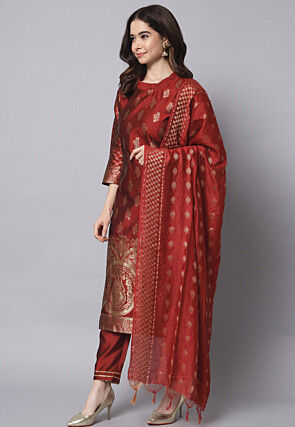 Woven Cotton Silk Jacquard Pakistani Suit in Maroon