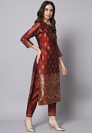 Woven Cotton Silk Jacquard Pakistani Suit in Maroon