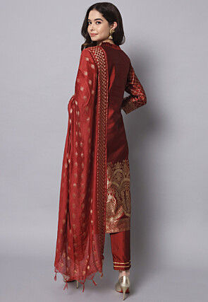 Woven Cotton Silk Jacquard Pakistani Suit in Maroon