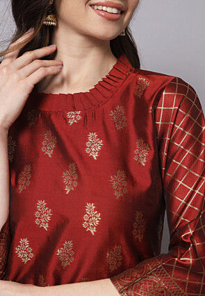 Woven Cotton Silk Jacquard Pakistani Suit in Maroon