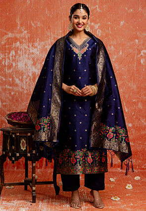 Woven Cotton Silk Jacquard Pakistani Suit in Navy Blue