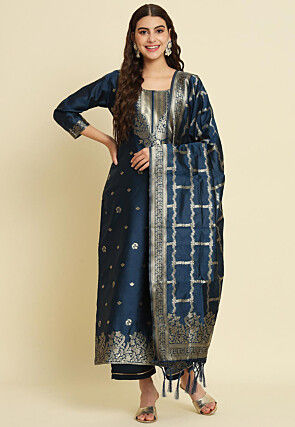 Woven Cotton Silk Jacquard Pakistani Suit in Navy Blue