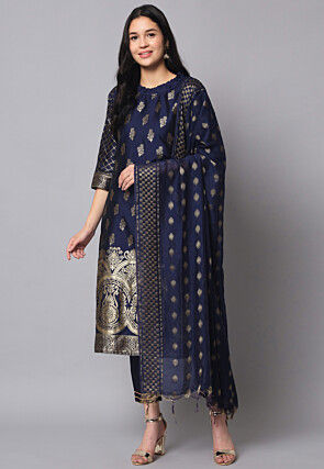 Woven Cotton Silk Jacquard Pakistani Suit in Navy Blue
