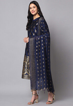 Woven Cotton Silk Jacquard Pakistani Suit in Navy Blue