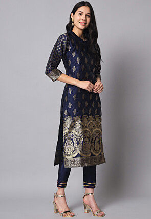 Woven Cotton Silk Jacquard Pakistani Suit in Navy Blue