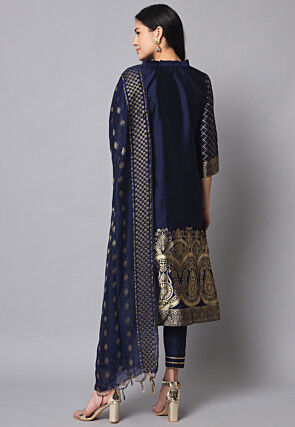 Woven Cotton Silk Jacquard Pakistani Suit in Navy Blue