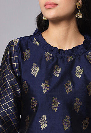 Woven Cotton Silk Jacquard Pakistani Suit in Navy Blue