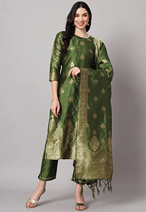 Woven Cotton Silk Jacquard Pakistani Suit in Olive Green