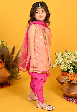 Woven Cotton Silk Jacquard Punjabi Suit in Peach