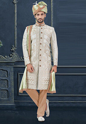 Woven Cotton Silk Jacquard Sherwani in Off White