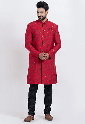 Woven Cotton Silk Jacquard Sherwani in Red
