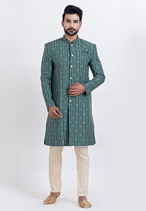 Woven Cotton Silk Jacquard Sherwani in Teal Green