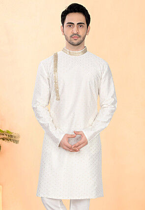 Woven Cotton Silk Kurta in Off White