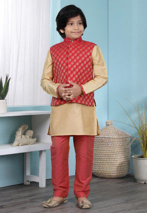 Woven Cotton Silk Kurta Jacket Set in Beige