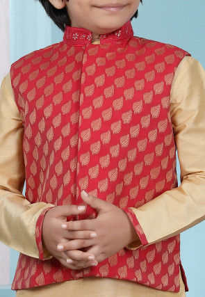 Woven Cotton Silk Kurta Jacket Set in Beige