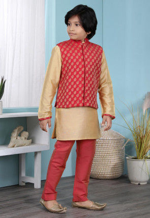 Woven Cotton Silk Kurta Jacket Set in Beige