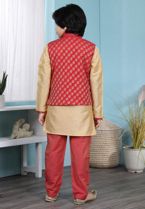 Woven Cotton Silk Kurta Jacket Set in Beige