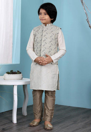 Woven Cotton Silk Kurta Jacket Set in Cream
