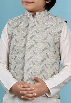 Woven Cotton Silk Kurta Jacket Set in Cream