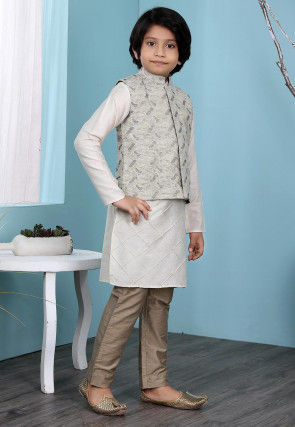 Woven Cotton Silk Kurta Jacket Set in Cream