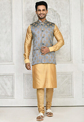 Woven Cotton Silk Kurta Set in Beige and Grey