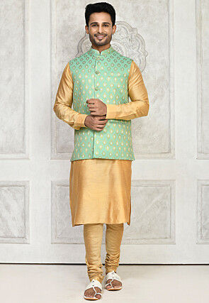 Green Readymade Kurta Pajama Set With Nehru Jacket 871MW04