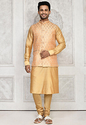 Woven Cotton Silk Kurta Set in Beige