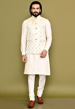 Woven Cotton Silk Kurta Set in Cream