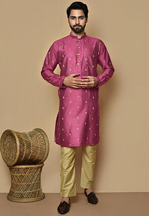 Printed Cotton Silk Kurta Set in Magenta