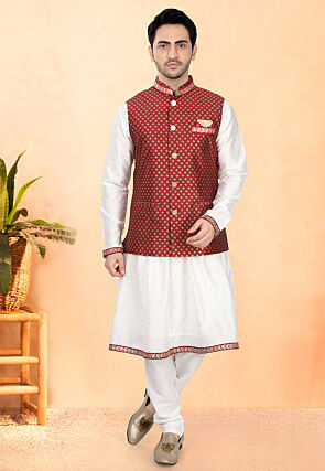 Woven Cotton Silk Kurta Set in Off White and Maroon