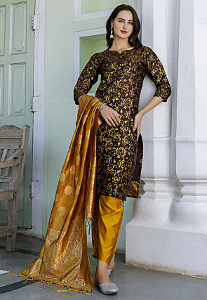 Woven Cotton Silk Pakistani Suit in Brown