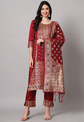 Woven Cotton Silk Pakistani Suit in Maroon
