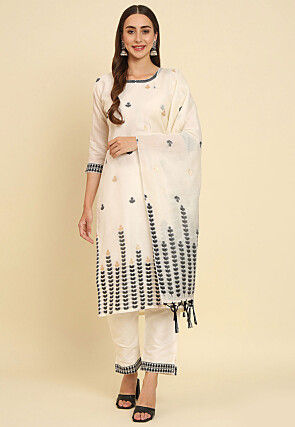 Woven Cotton Silk Pakistani Suit in Off White