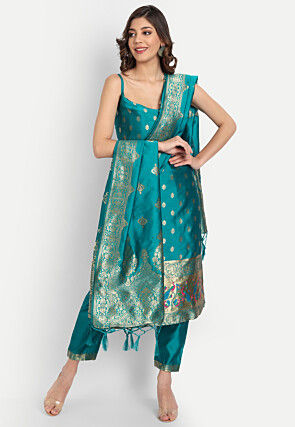 Woven Cotton Silk Pakistani Suit in Turquoise