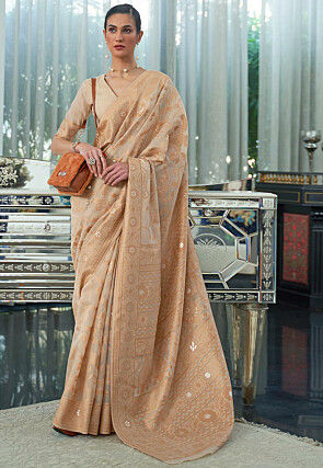 Woven Cotton Silk Saree in Beige