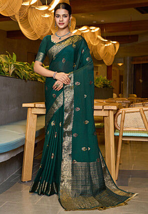 Woven Cotton Silk Saree in Dark Green