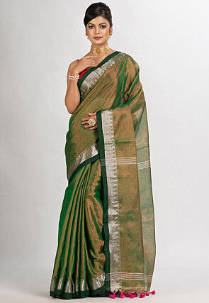 Woven Cotton Silk Saree in Green and Golden