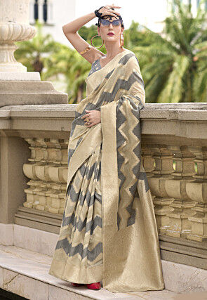 Woven Cotton Silk Saree in Grey and Beige
