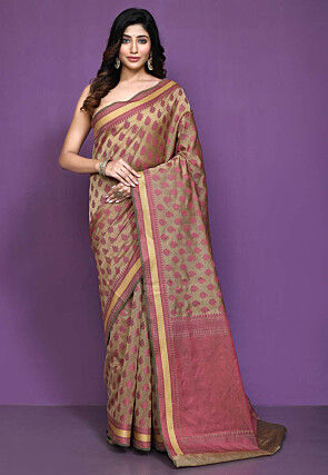 Woven Cotton Silk Saree in Light Brown