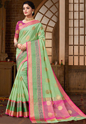 Woven Cotton Silk Saree in Light Green
