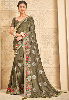 Woven Cotton Silk Saree in Olive Green