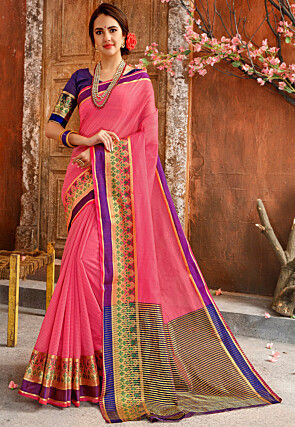 Woven Cotton Silk Saree in Pink