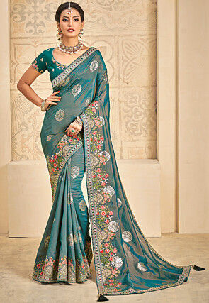 Woven Cotton Silk Saree in Teal Blue
