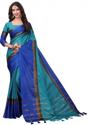 Woven Cotton Silk Saree in Teal Blue