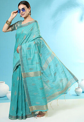 Woven Cotton Silk Saree in Turquoise