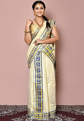 Woven Cotton Silk Settu Mundu South Indian Saree in Golden