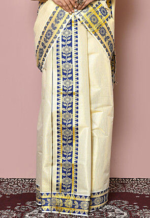 Woven Cotton Silk Settu Mundu South Indian Saree in Golden