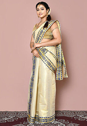 Woven Cotton Silk Settu Mundu South Indian Saree in Golden